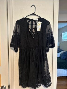 Black Embroidered V-Neck Mini Dress